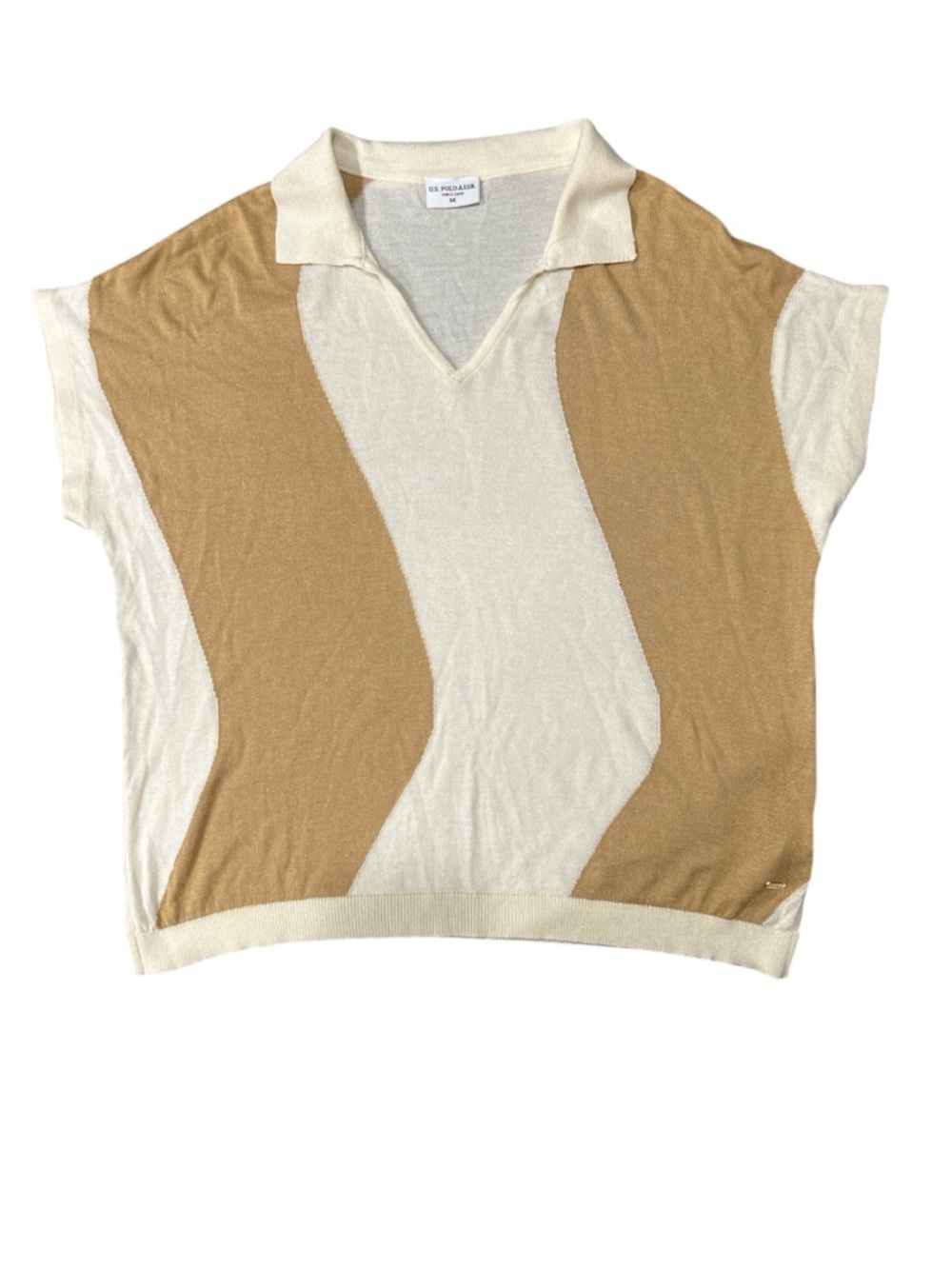 U.S. POLO ASSN. Cream + Camel Knit Polo Sweater Top size M - Picture 2 of 6